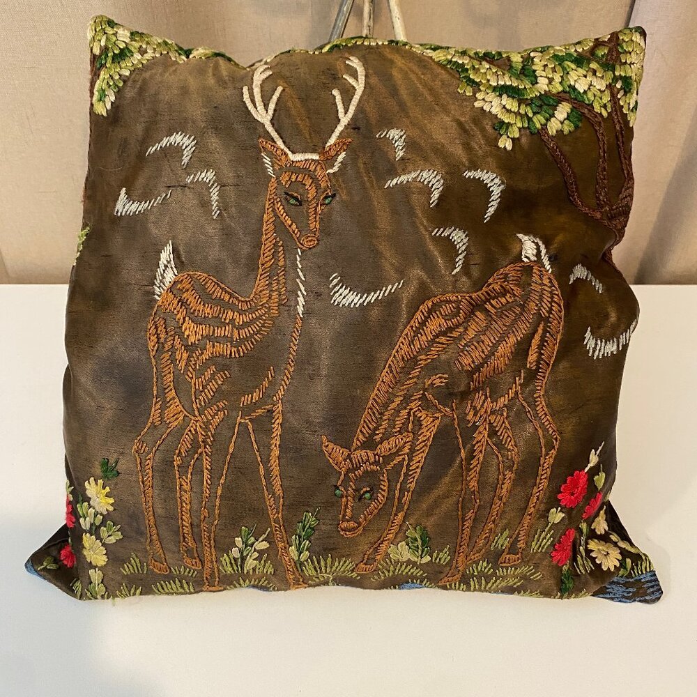 Vintage Brown Satin Pillow – Hand Embroidered Deer Forest Cabin 13x13